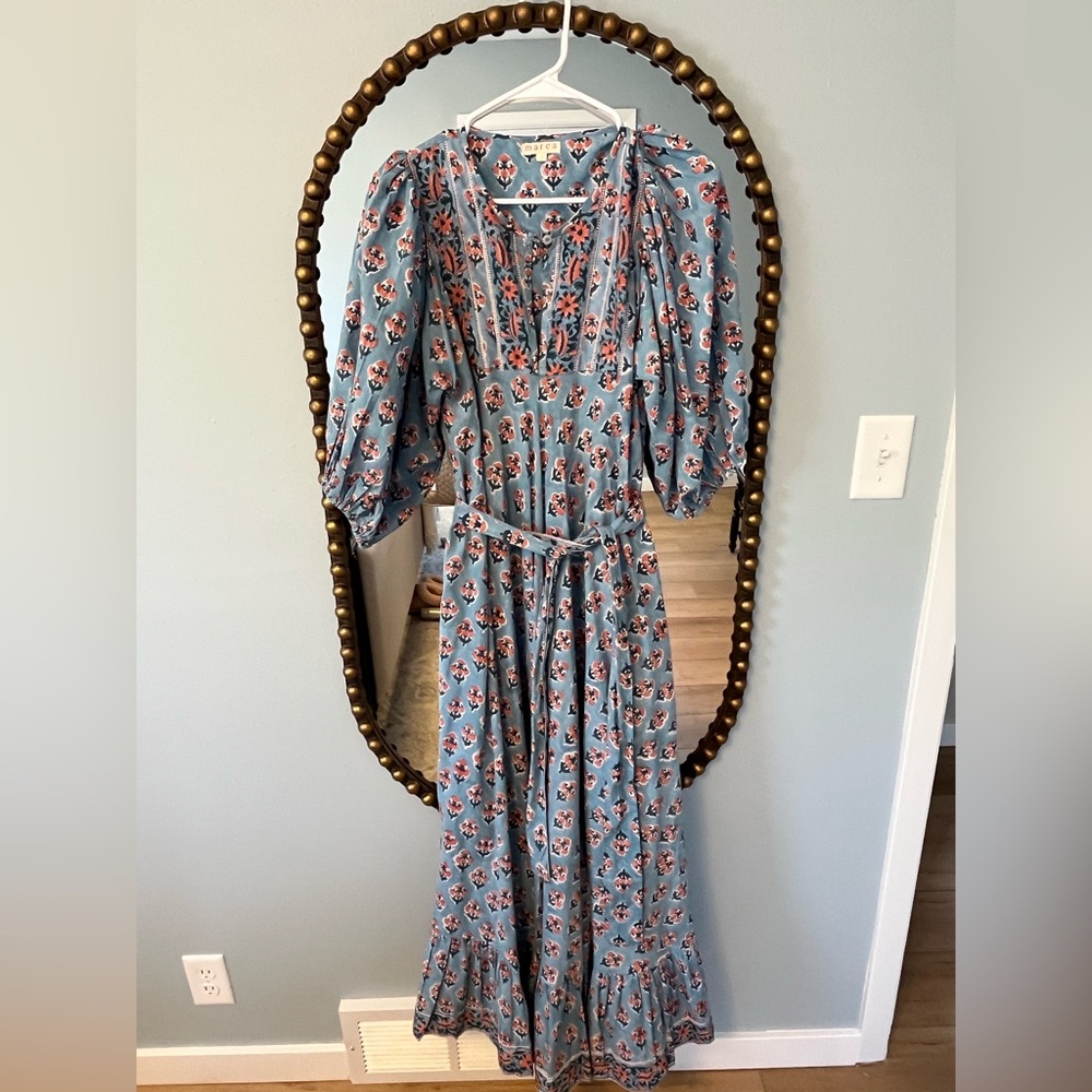 Marea by Liz Joy Light Blue Floral Nap Dress with Puff Sleeves and Tie Waist